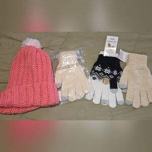 Winter Hat and Gloves Bundle Pink Beanie Touchscreen Gloves Mixed Styles
